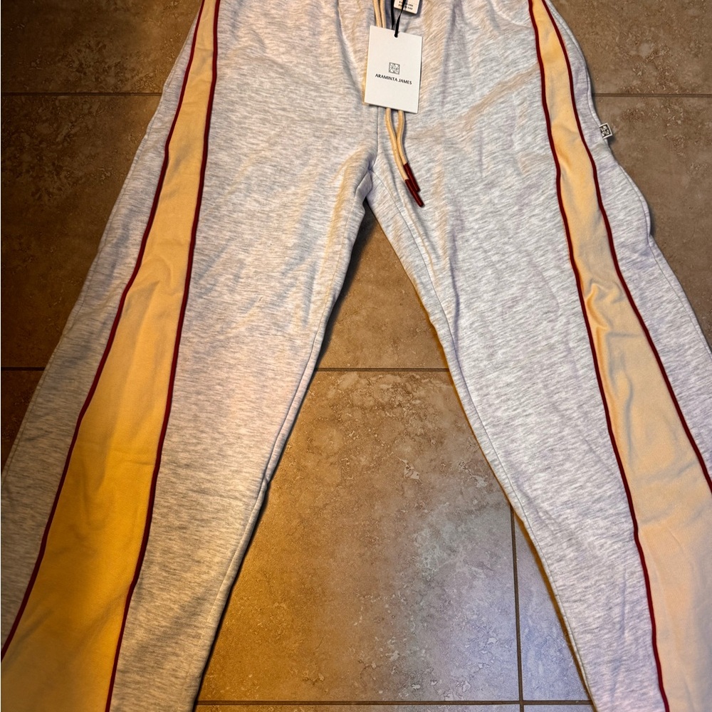 Stylish Gray Wide Leg Pants with Red Stripes